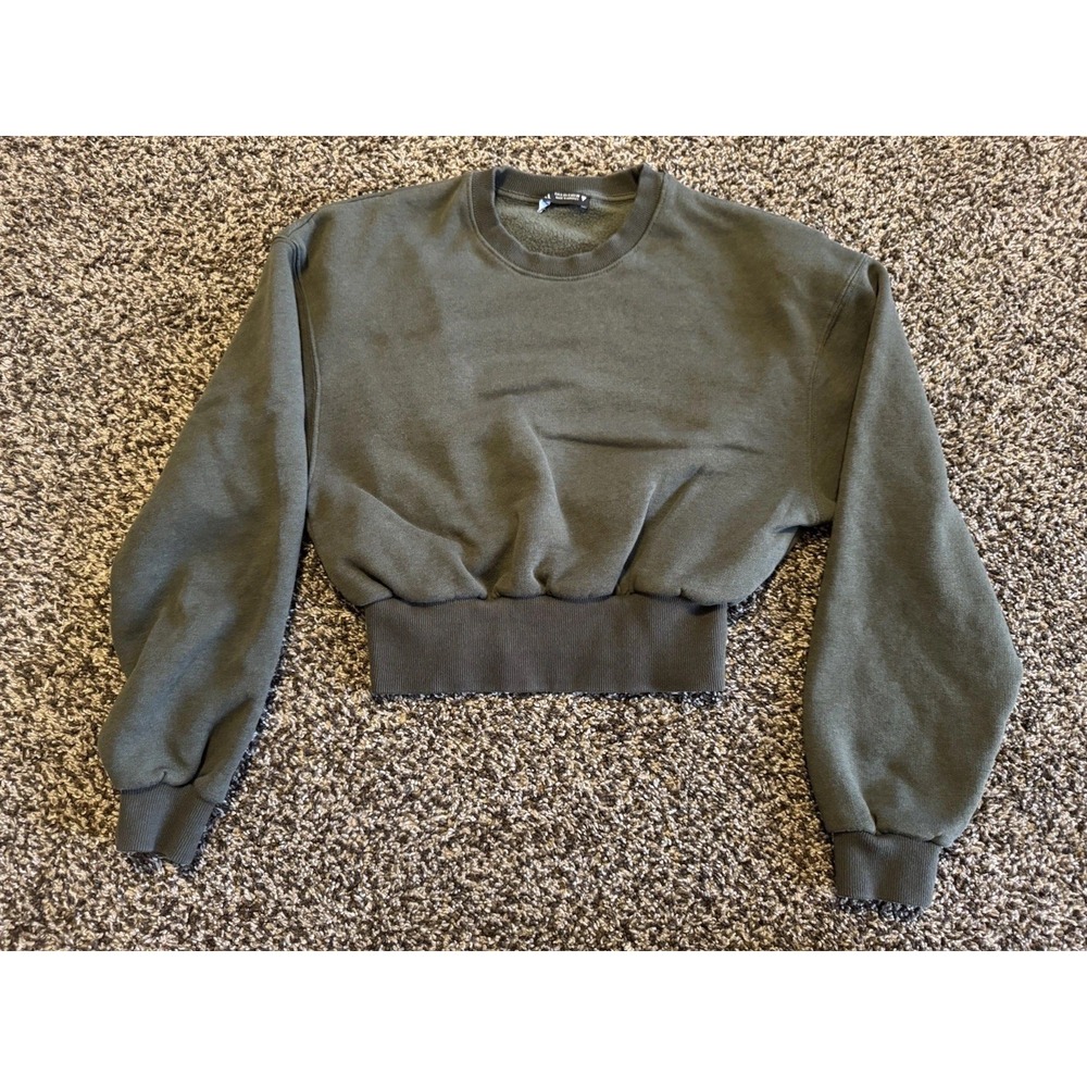 Zara Sweatshirt Womens Small Green Elastic Hem  Pullover Fleece Cropped